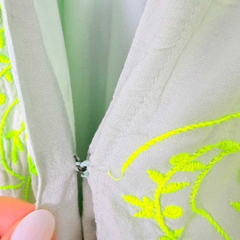Anthropologie Somerset Mini Dress Embroidered Linen Mint Green Neon Floral Sz S - Picture 5 of 9